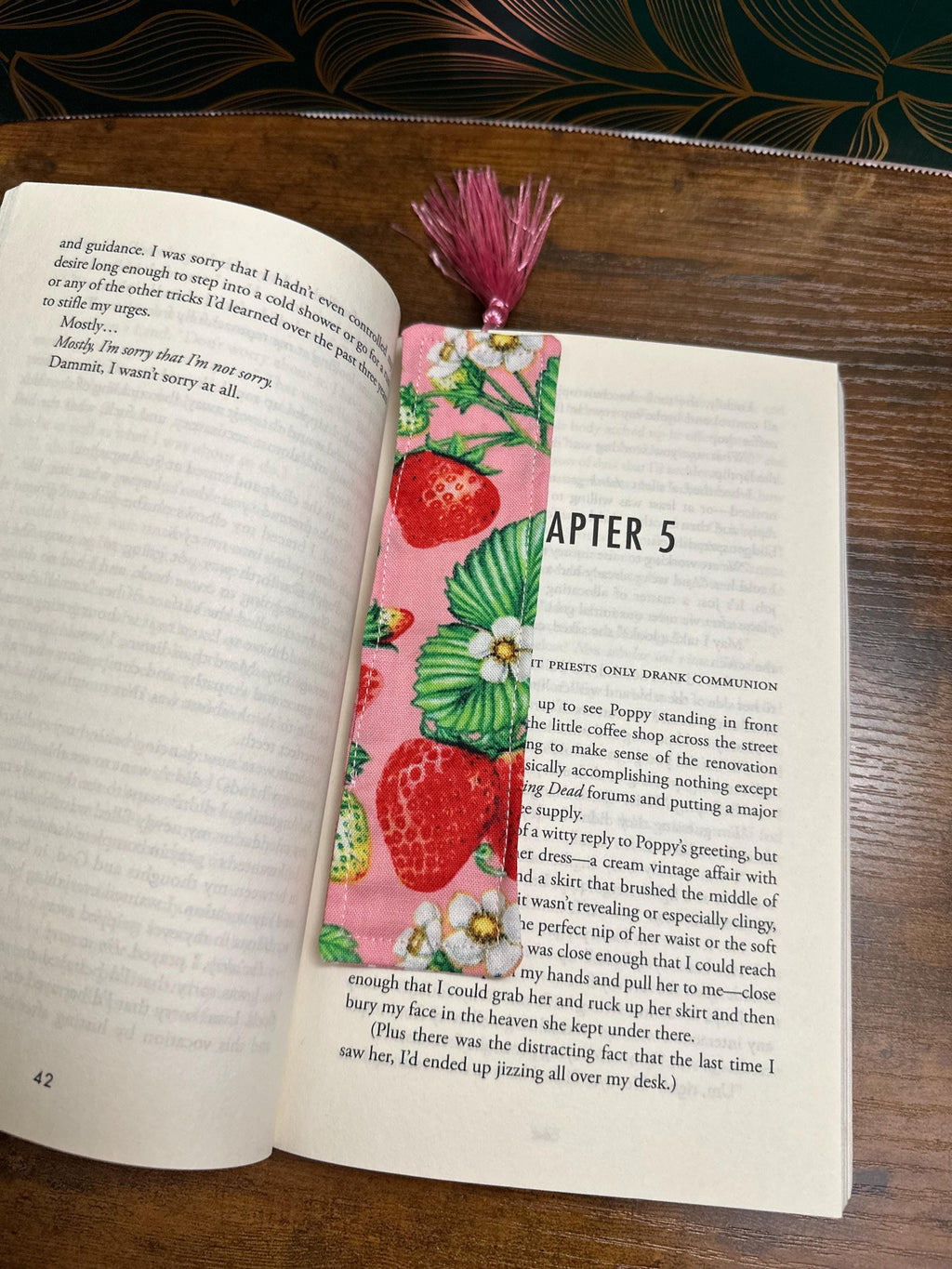 Pink Strawberry and plaid bookmark