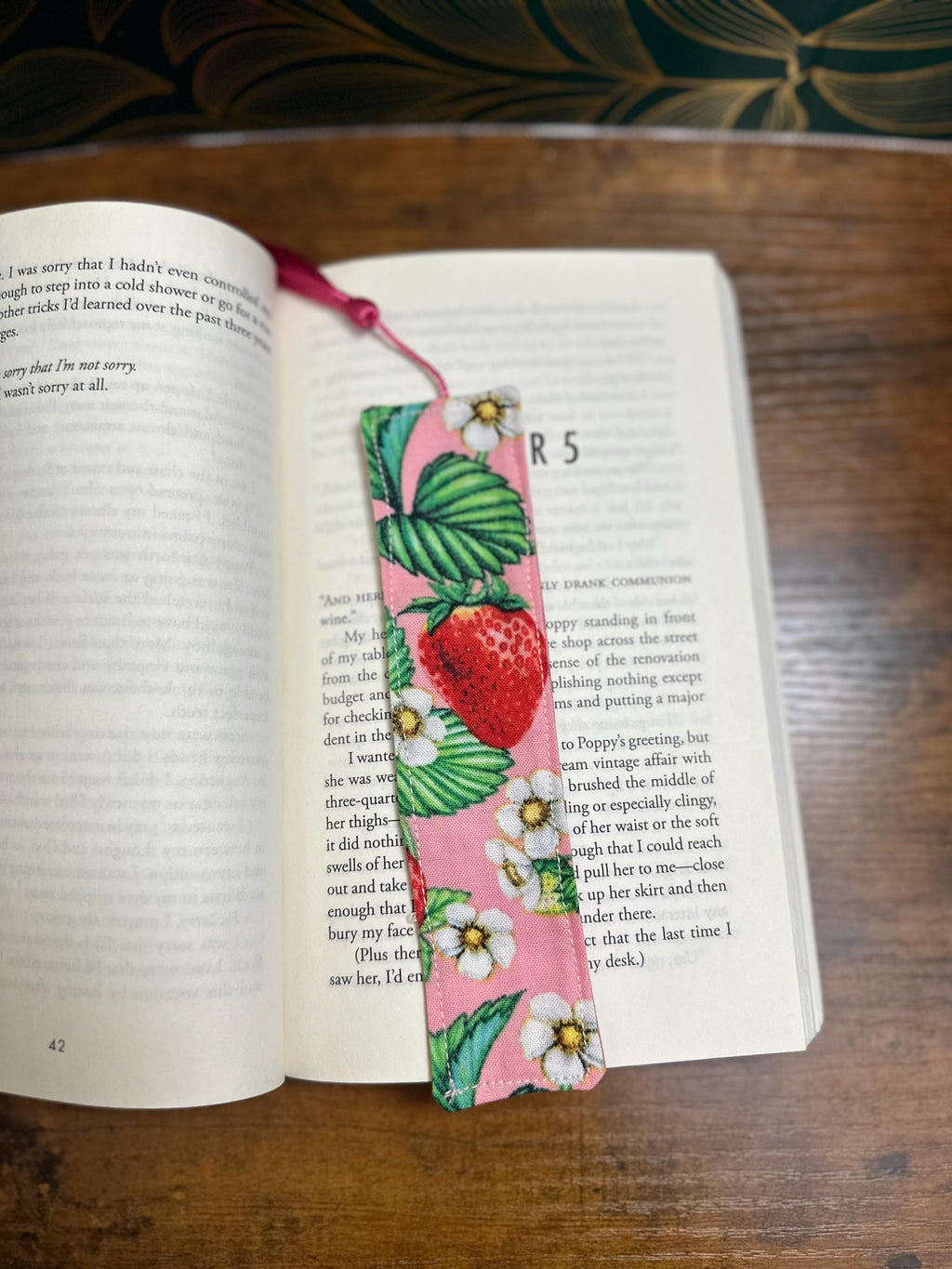 Pink Strawberry and plaid bookmark